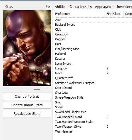 EEKeeper showing Minsc after the fix, with two pips each in Longbow, Mace, Two-Handed Sword and Two-Weapon Style.