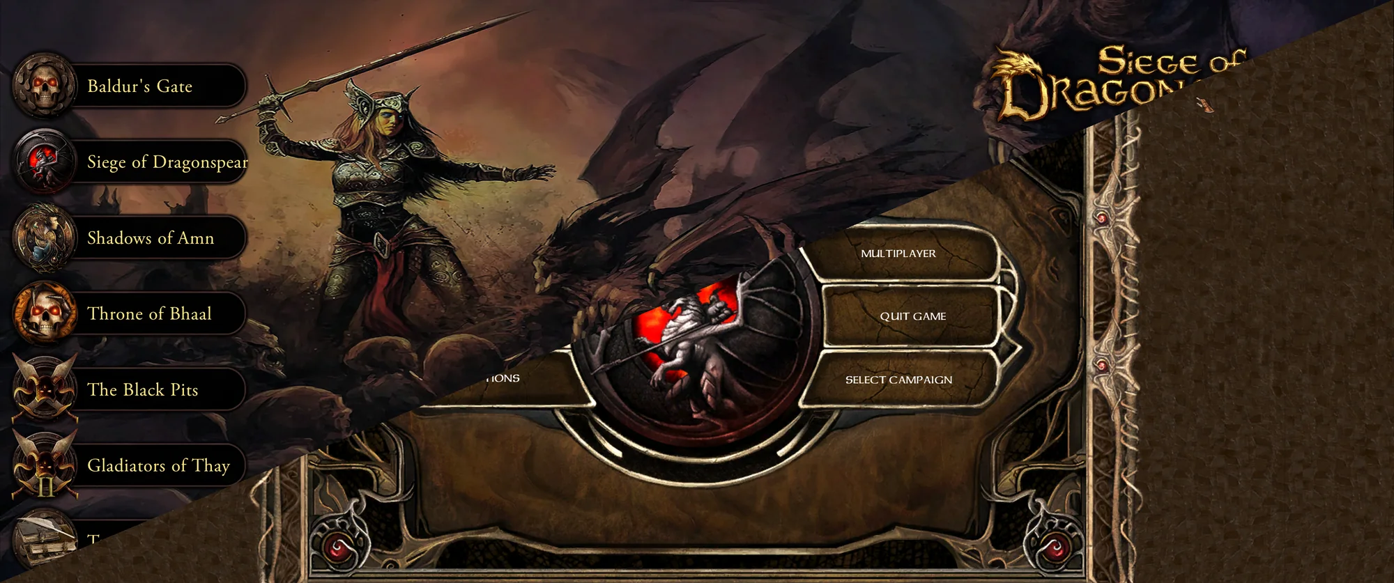 Split-screen comparison of the Baldur's Gate main menu before and after the upgrade: the plain Siege of Dragonspear menu on one side, the modded EET 2.6.6 menu with its campaign rail on the other.