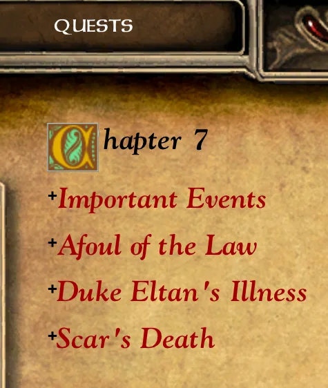 The in-game Quests journal on the modded install, showing an illuminated drop cap on 'Chapter 7' above entries for Important Events, Afoul of the Law, Duke Eltan's Illness and Scar's Death.