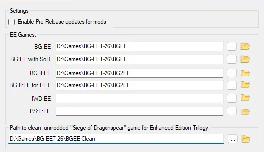 Project Infinity's Settings panel with game paths filled in for BG:EE, BG:EE with SoD, BG II:EE and BG II:EE for EET, all pointing into D:\Games\BG-EET-26, plus a clean unmodded Siege of Dragonspear path.