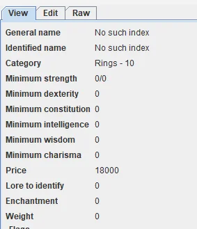 An item inspector showing General name and Identified name both reading 'No such index', with Category Rings - 10 and Price 18000 still populated.